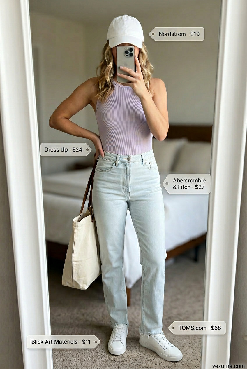 Relaxed lavender bodysuit outfit for women 2026: square neck bodysuit, light wash jeans, sneakers, and tote bag.