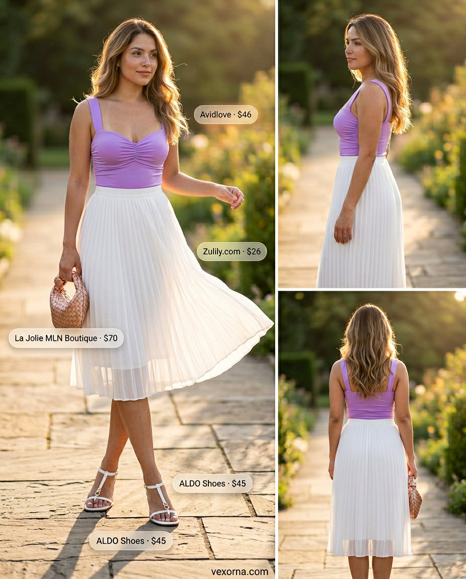 Feminine lilac bodysuit with pleated midi skirt for summer going out outfits for women 2026.