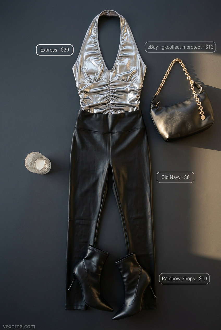 Edgy silver metallic bodysuit with faux leather leggings for summer going out outfits for women 2026.