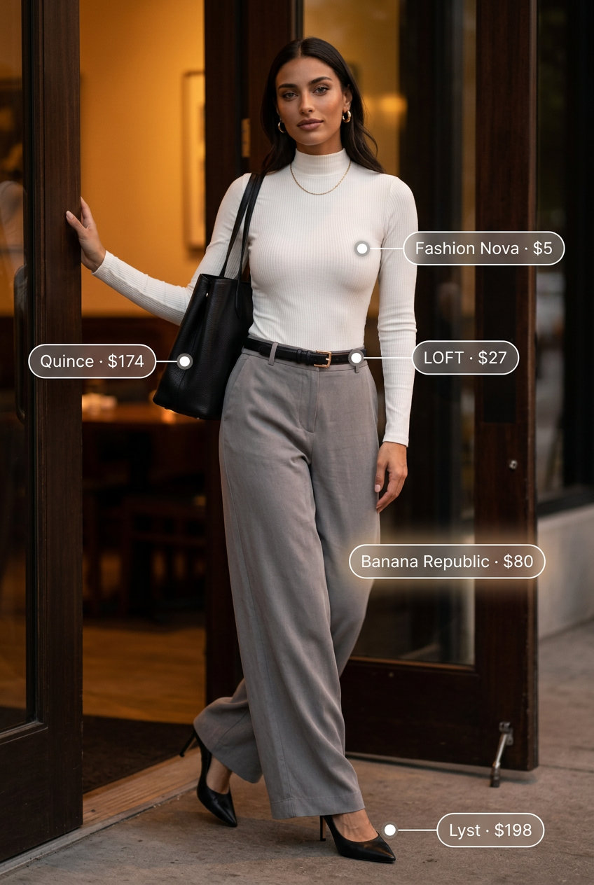 Sophisticated ivory bodysuit with grey wide-leg trousers for summer going out outfits for women 2026.