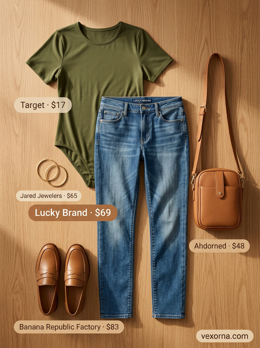 Casual olive green bodysuit with straight-leg jeans for summer going out outfits for women 2026.