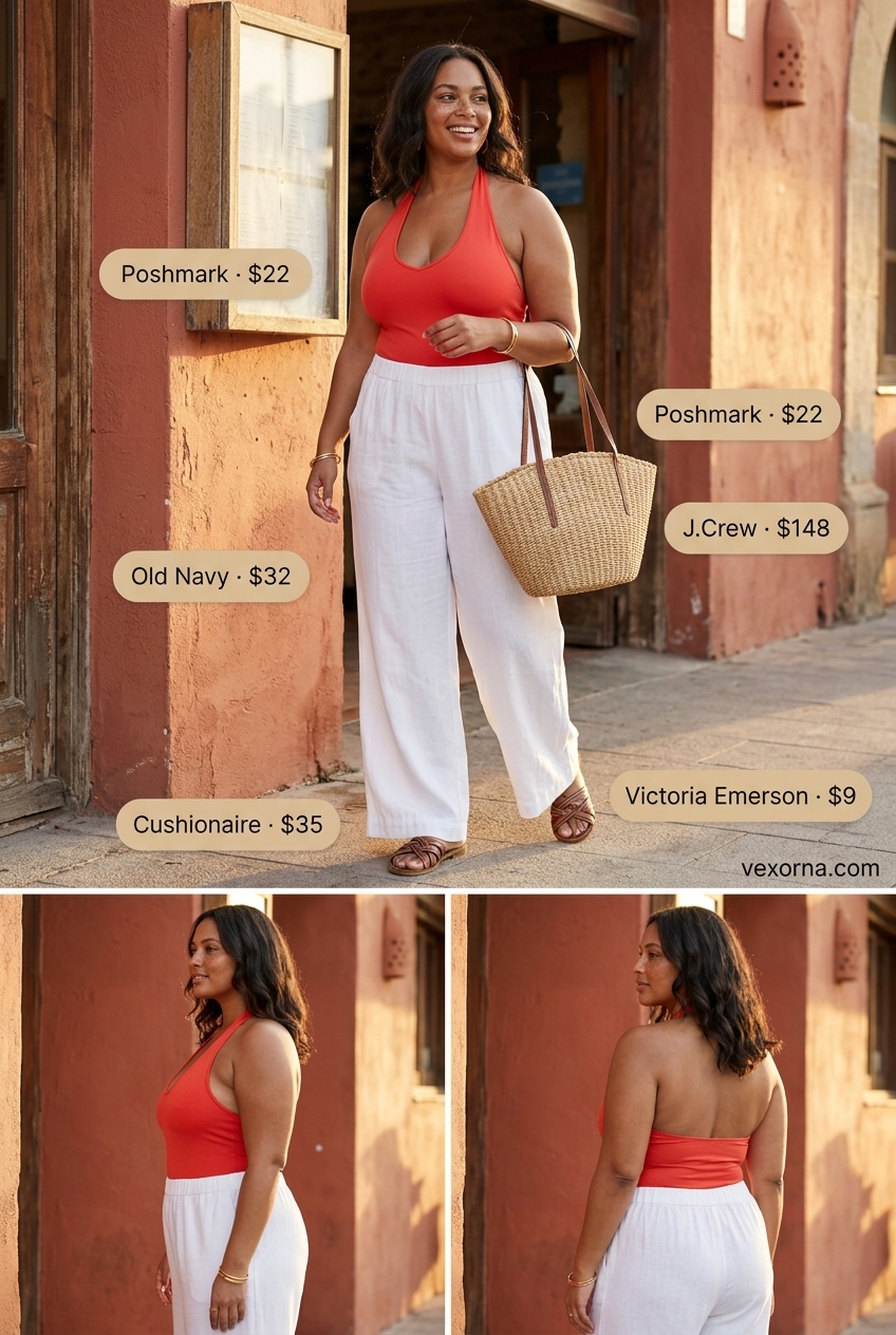Vibrant orange bodysuit with linen pants for summer going out outfits for women 2026.