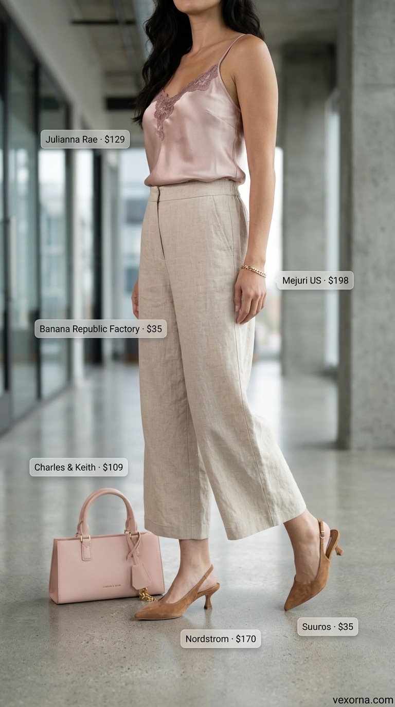 Sophisticated summer business casual outfit for women 2026 with beige linen pants, dusty rose silk cami, and gold accessories.