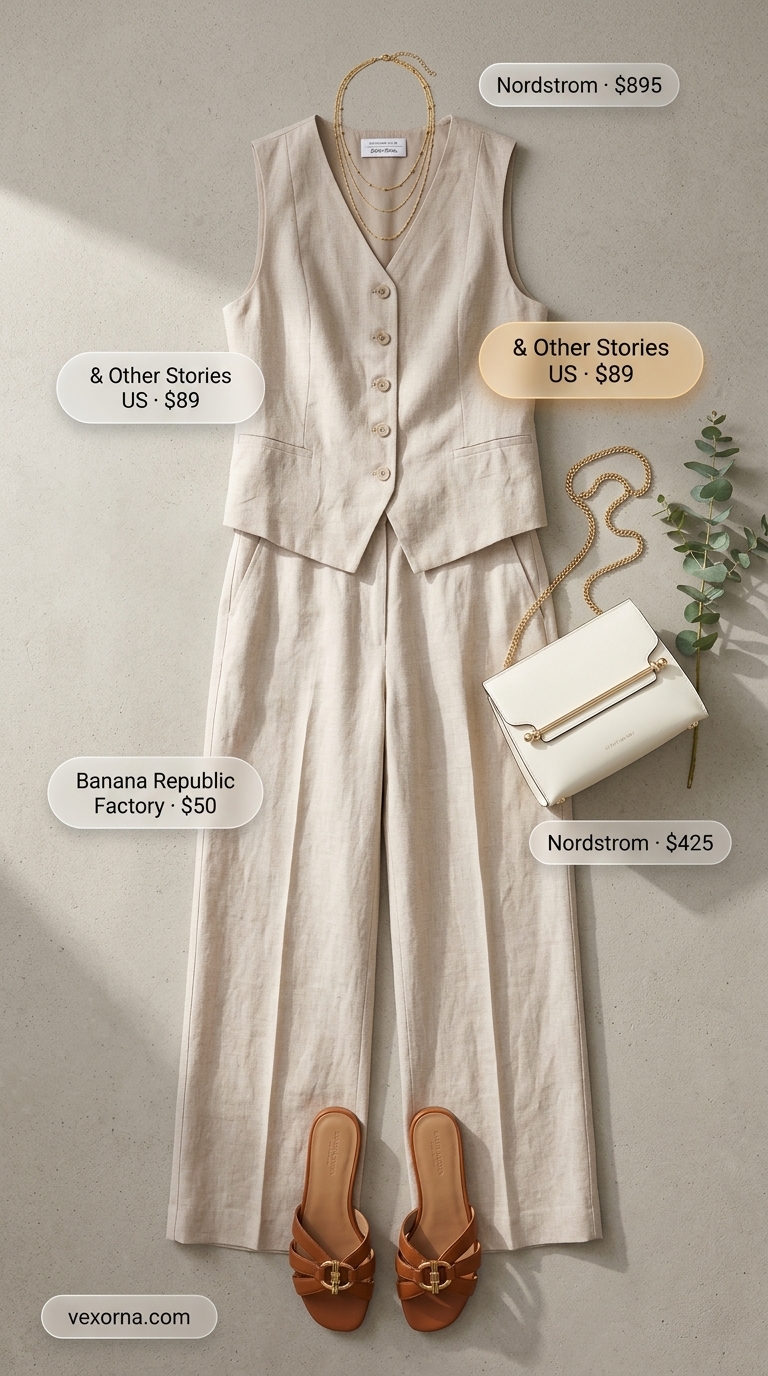 Beige linen vest worn as a top with matching wide-leg trousers, flat sandals, and a crossbody bag for a summer business casual outfit for women 2026.