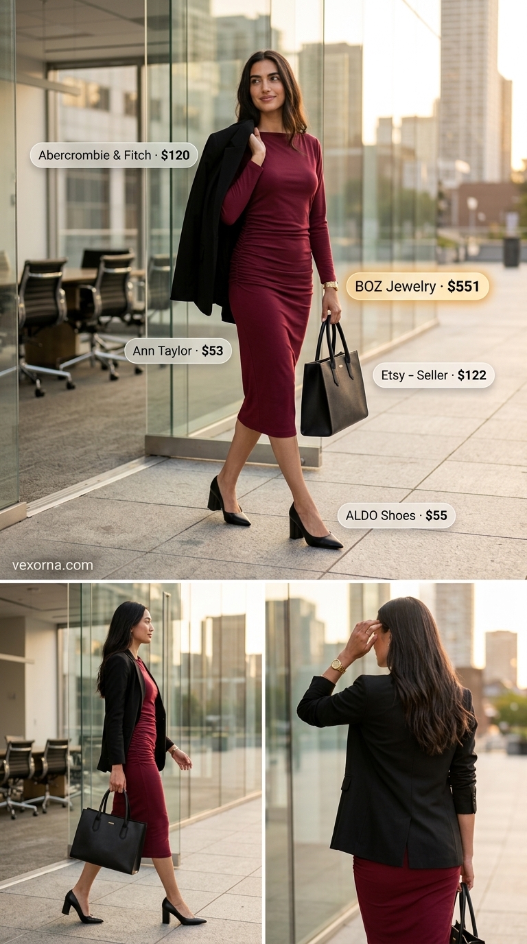 Burgundy sheath dress with a black blazer, black pumps, and gold watch for a summer business casual outfit for women 2026.