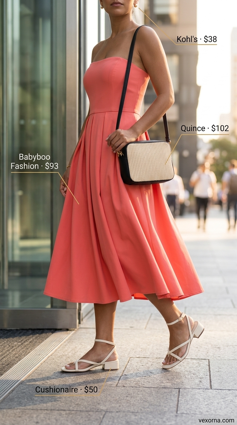 Coral A-line midi dress with white sandals, a raffia bag, and gold earrings for a summer business casual outfit for women 2026.