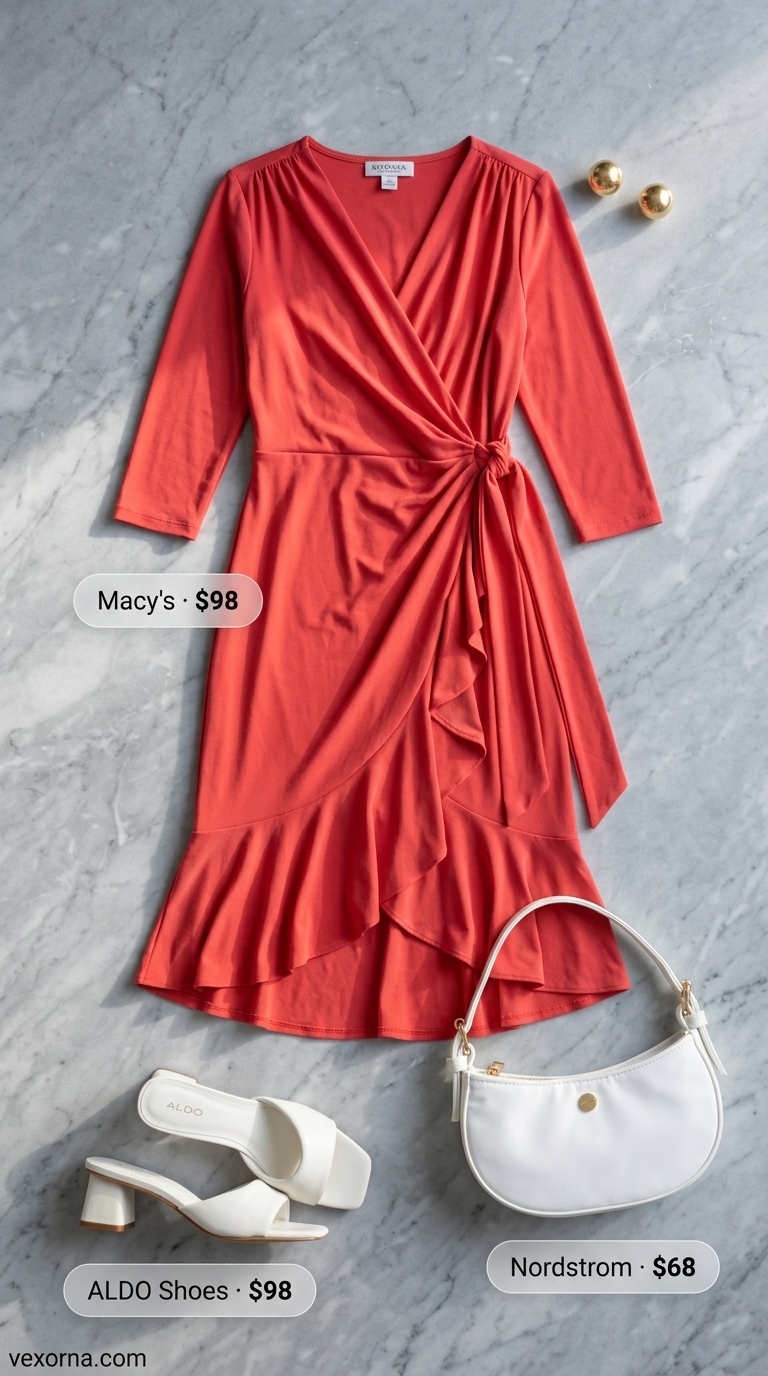 Coral wrap midi dress with white mules, a white top-handle bag, and gold earrings for a summer business casual outfit for women 2026.