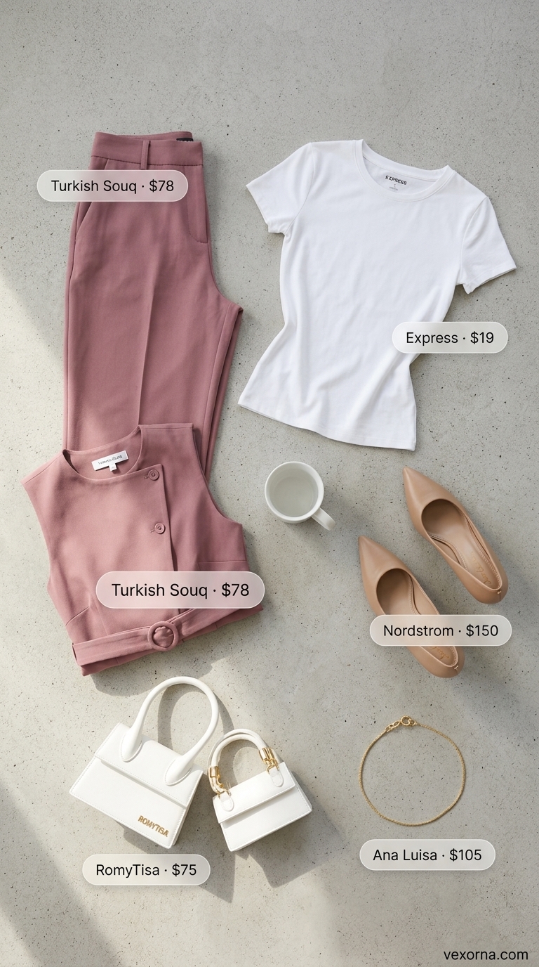 Dusty rose matching set with a white t-shirt, nude pumps, and a white top-handle bag for a summer business casual outfit for women 2026.