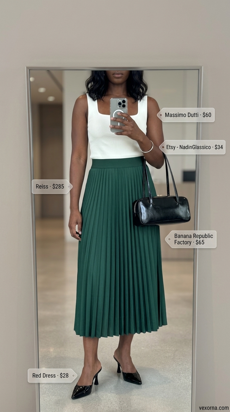 Artistic summer business casual outfit for women 2026 with emerald green skirt, ivory knit top, and black accessories.