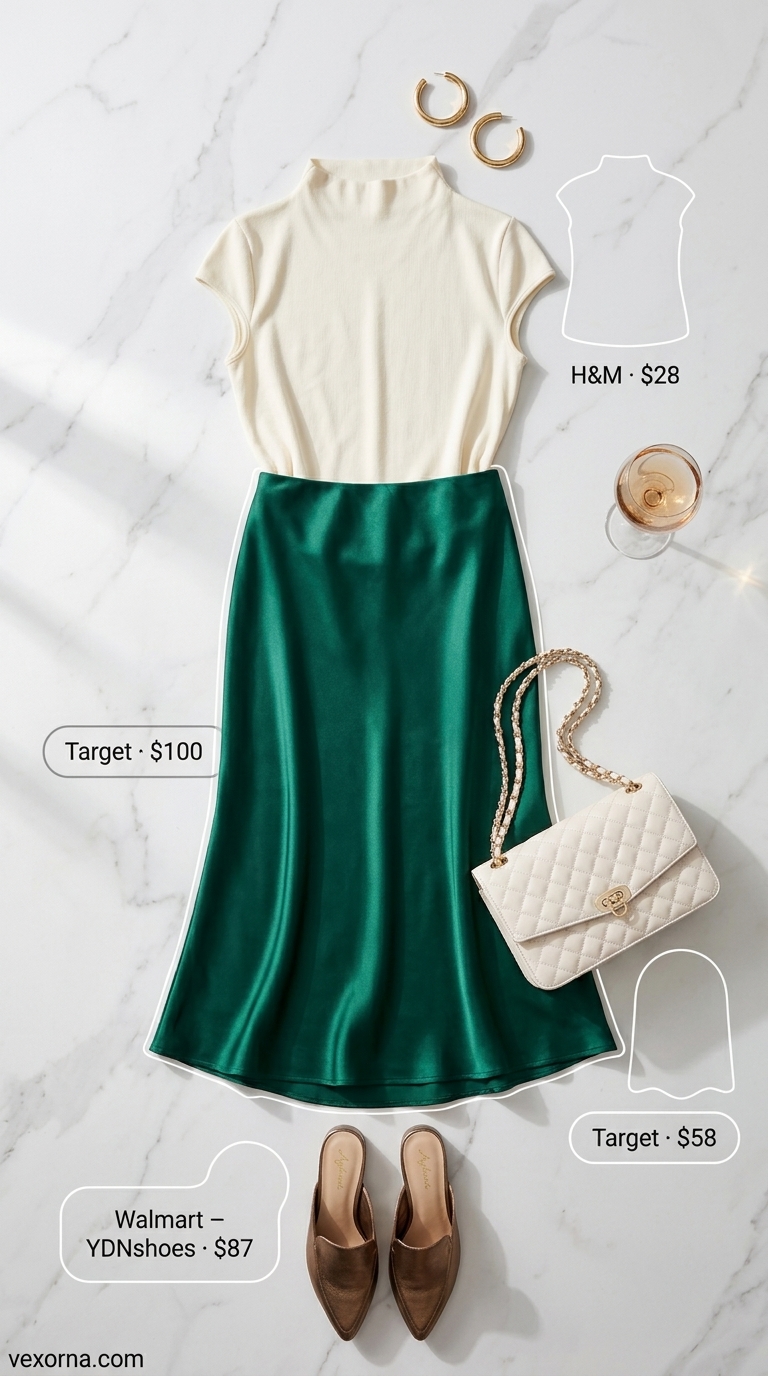 Emerald green satin midi skirt with a cream knit top, gold hoops, and metallic mules for a summer business casual outfit for women 2026.