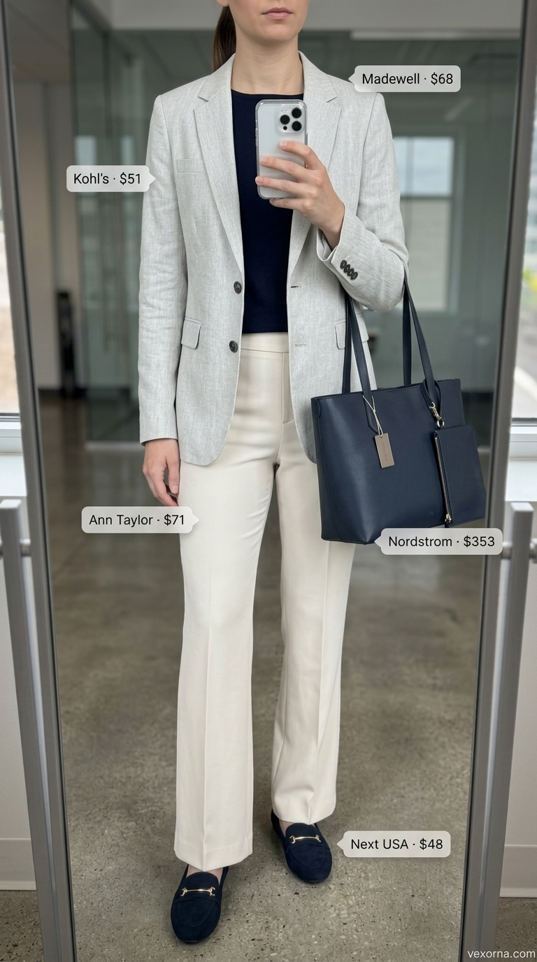 Light grey linen blazer with navy knit top, off-white trousers, and grey tote for a summer business casual outfit for women 2026.