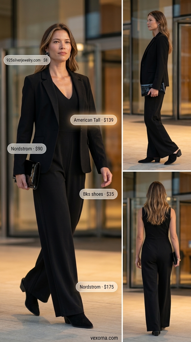 Charcoal jumpsuit & black blazer for an evening summer business casual outfit for women 2026.