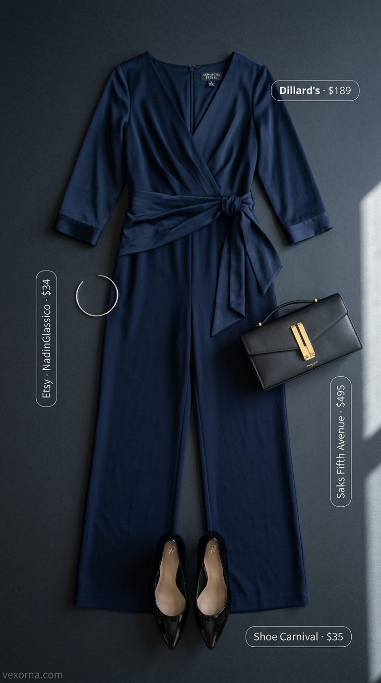 Authoritative summer business casual outfit for women 2026 with charcoal jumpsuit, black pumps, and silver bangle.