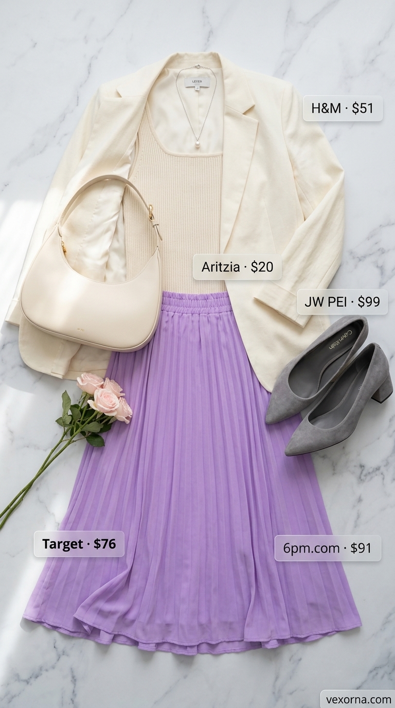 Elegant summer business casual outfit for women 2026 with lavender skirt, cream blazer, and silver jewelry.