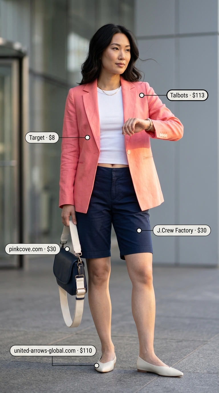 Pale pink blazer, navy shorts & white tank for a summer business casual outfit for women 2026.