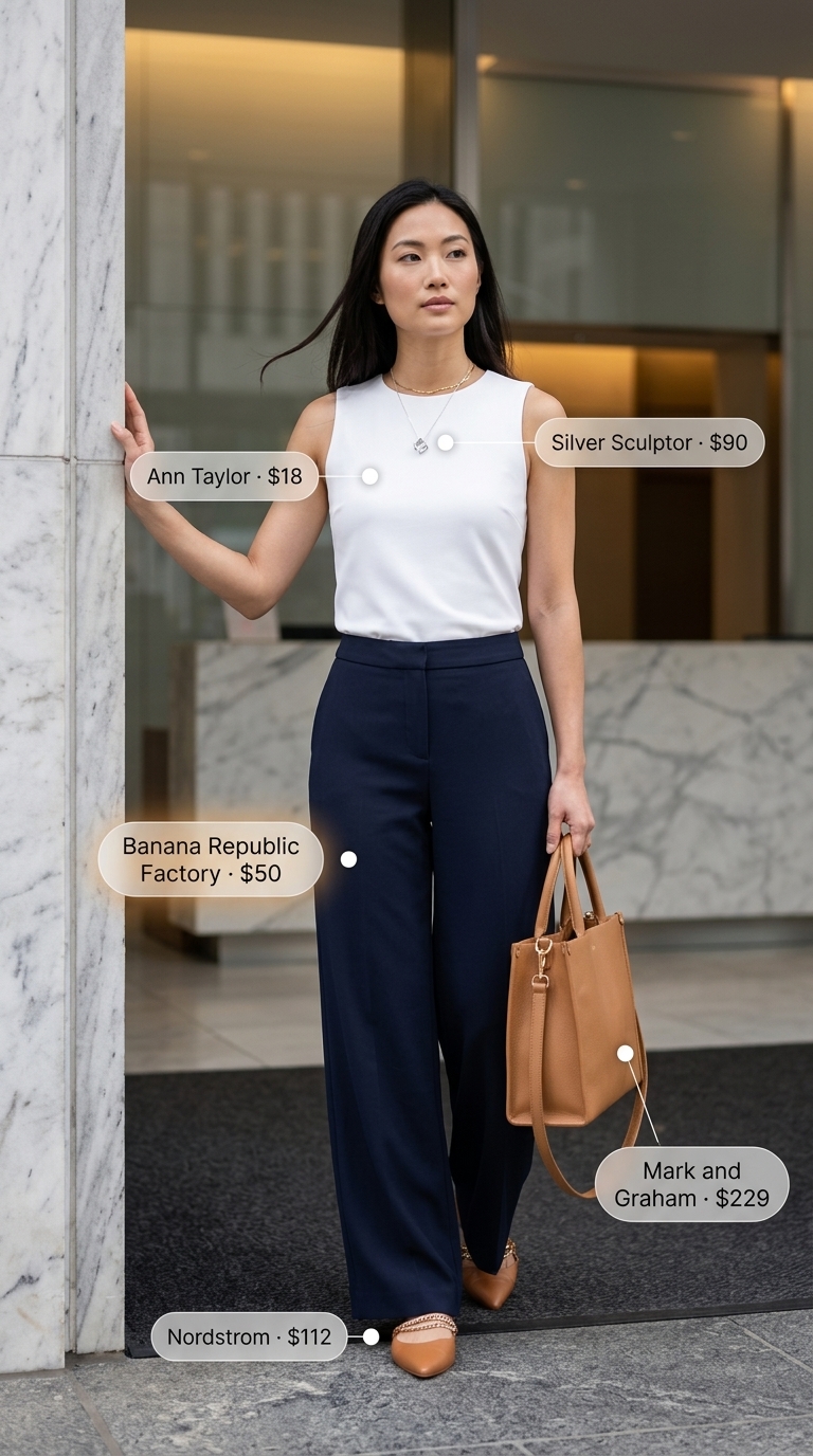 Minimalist summer business casual outfit for women 2026 with navy trousers, white shell top, and tan mules.