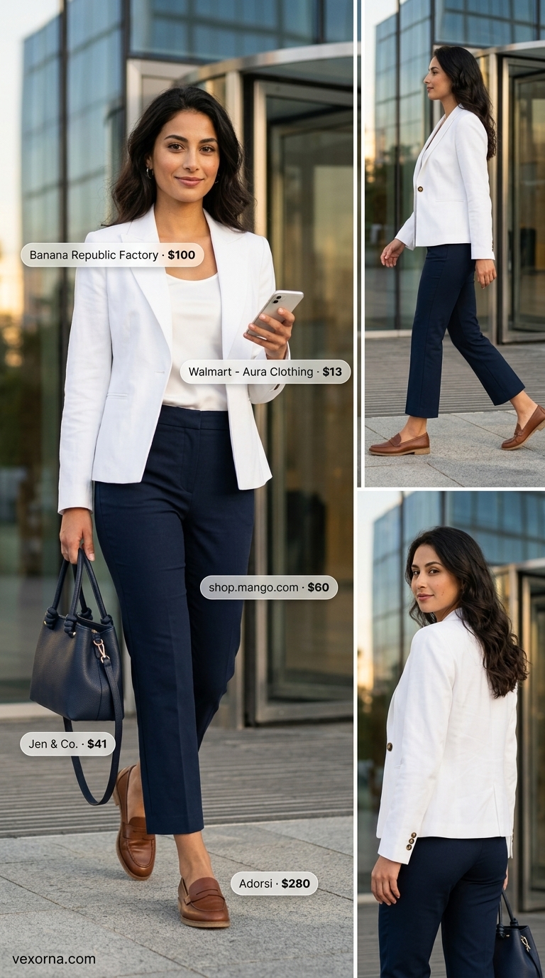 Navy blazer, white camisole & white trousers for a summer business casual outfit for women 2026.