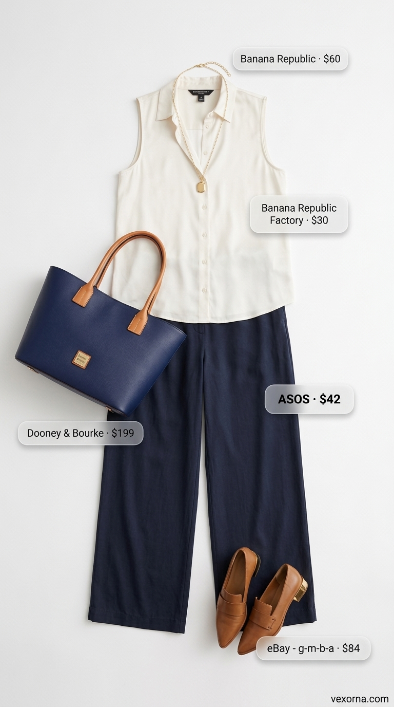 Navy wide-leg trousers with a white shell top, tan loafers, and a structured tote for a summer business casual outfit for women 2026.