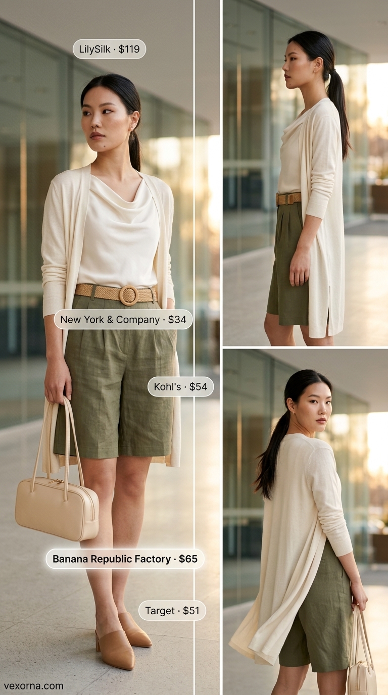 Relaxed summer business casual outfit for women 2026 with olive shorts, cream blouse, and tan mules.