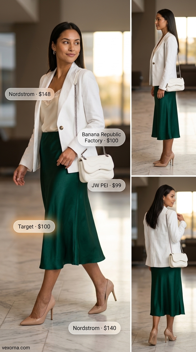 Emerald green satin skirt & cream camisole for a summer business casual outfit for women 2026.