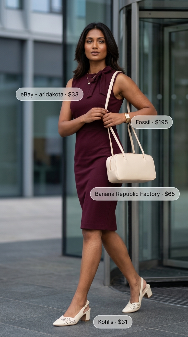 Burgundy sheath dress with cream bag & gold watch for a summer business casual outfit for women 2026.