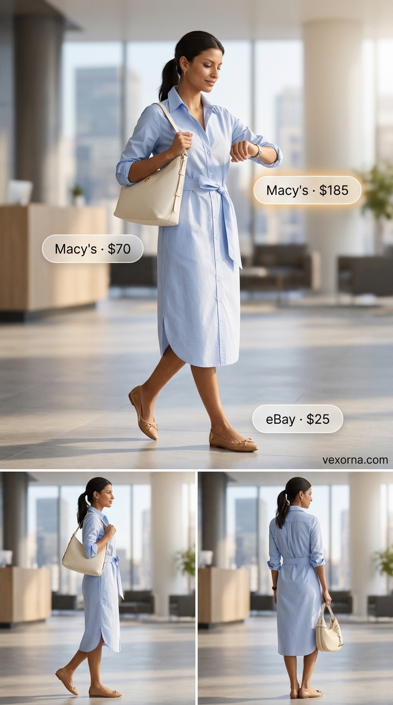 Sky blue shirtdress with nude flats for a summer business casual outfit for women 2026.