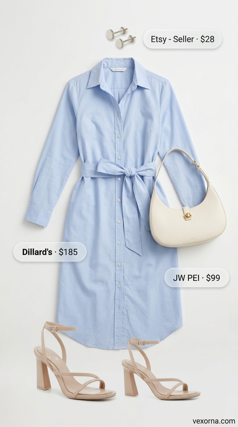 Sky blue shirtdress with nude sandals, silver earrings, and a structured bag for a summer business casual outfit for women 2026.