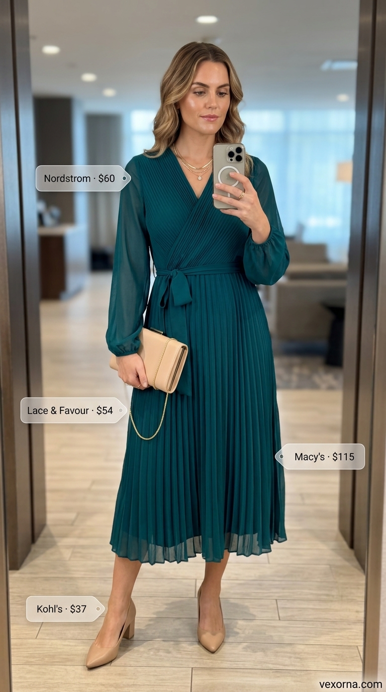 Vibrant summer business casual outfit for women 2026 with teal wrap dress, nude pumps, and gold necklaces.