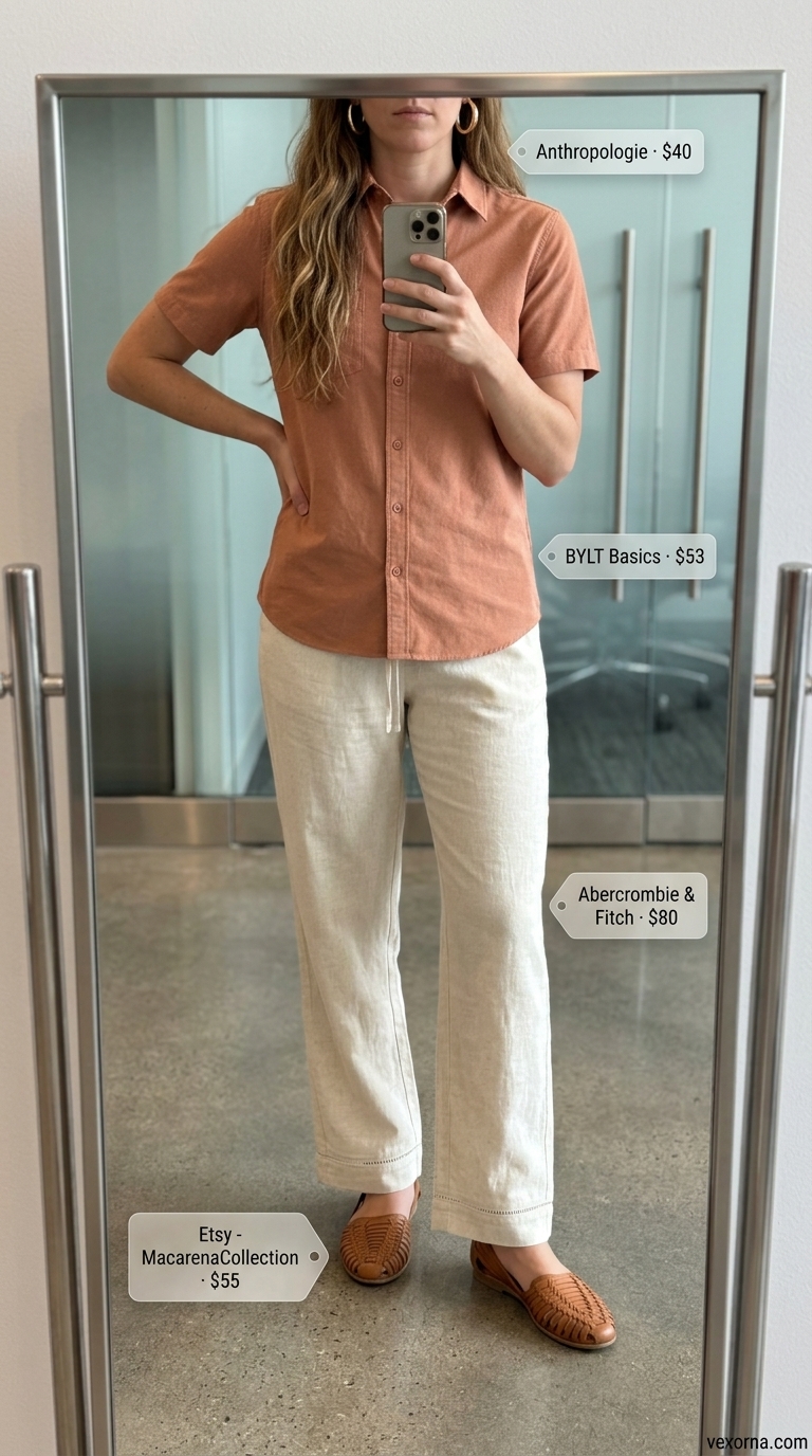 Earthy summer business casual outfit for women 2026 with cream linen pants, terracotta shirt, and gold earrings.