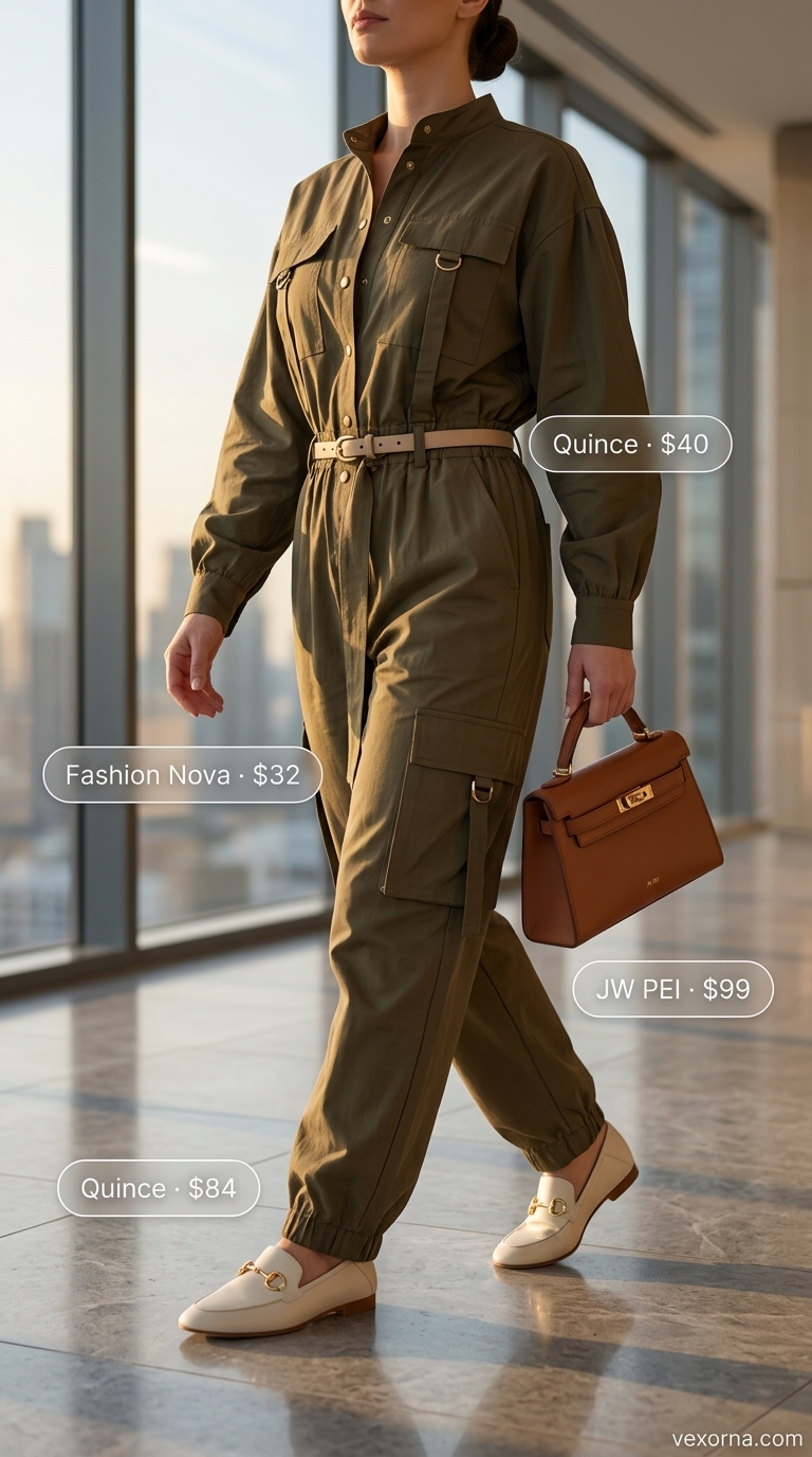 Olive green utility jumpsuit for a summer business casual outfit for women 2026.