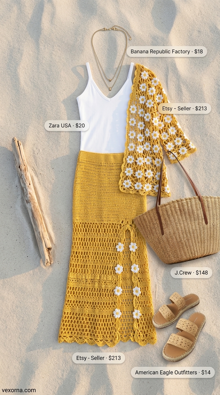 Golden yellow crochet maxi skirt cover up outfit for women 2026, for summer evening dates.