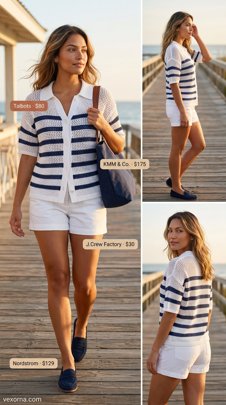 Navy striped knit cover up cardigan outfit for women 2026, for nautical coastal exploration.