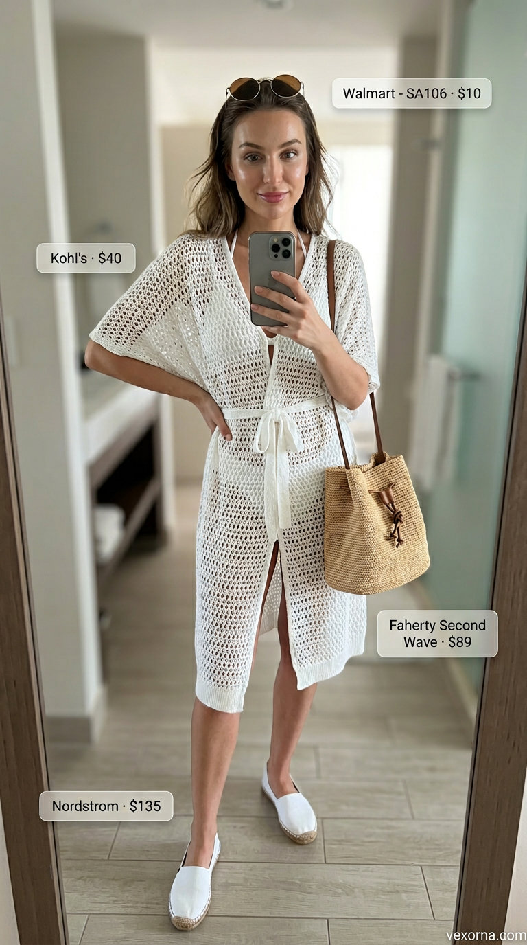 Sky blue crochet romper with espadrilles, sunglasses, and straw bucket bag. Summer crochet cover up outfits for women 2026.