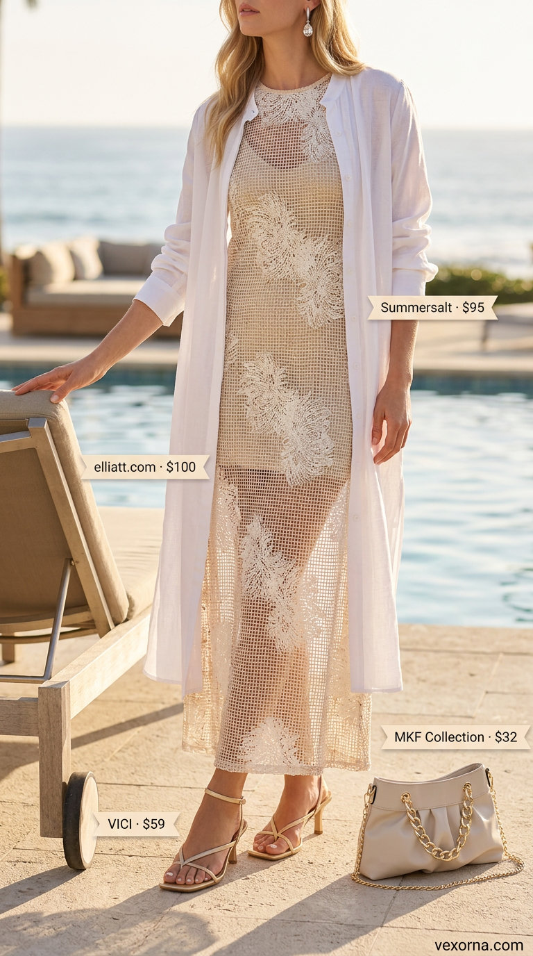 Champagne crochet slip dress with gold heeled sandals and crystal earrings. Summer crochet cover up outfits for women 2026.