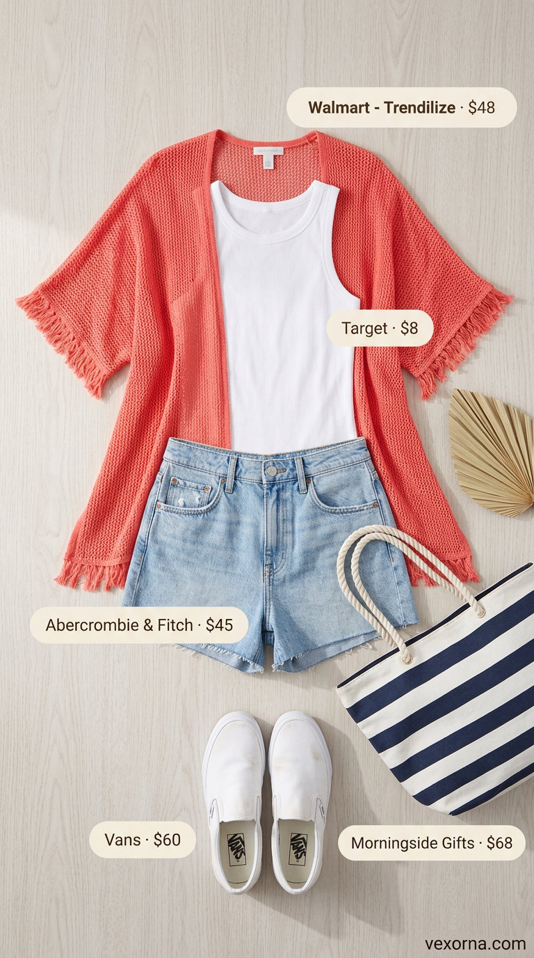 Coral crochet kimono cover-up with fringe, denim shorts, and white tank for summer crochet cover up outfits for women 2026.