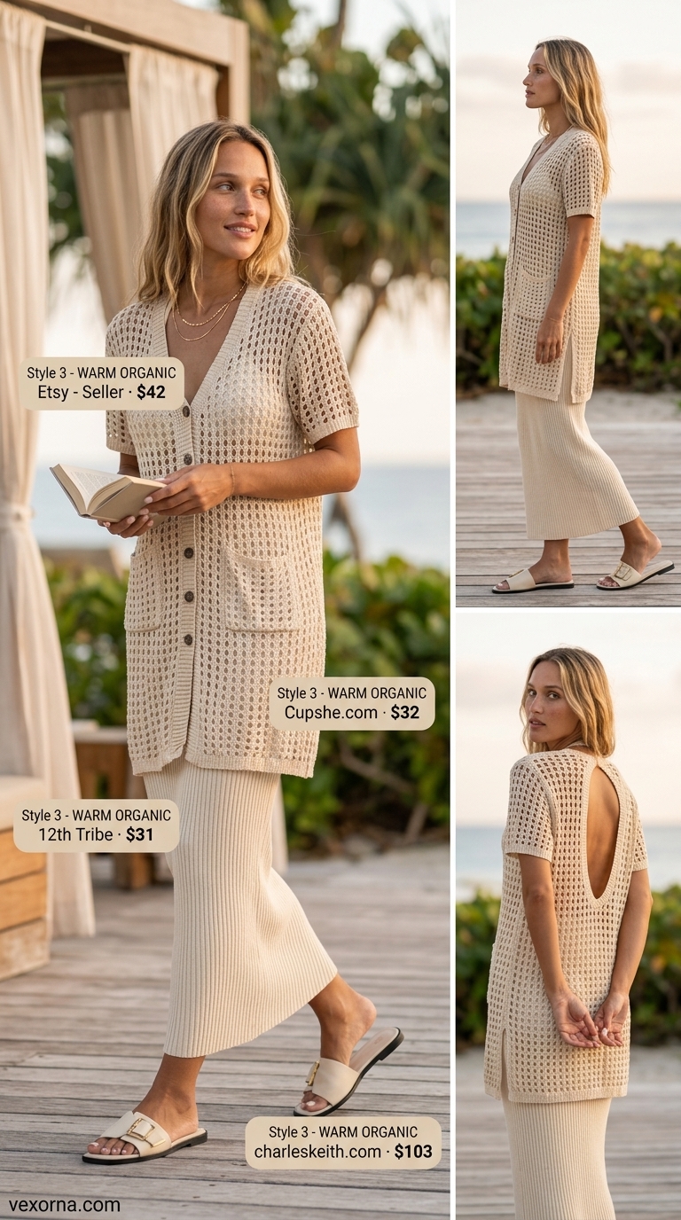 Cream crochet knit maxi dress with gold jewelry and straw tote for summer crochet cover up outfits for women 2026.