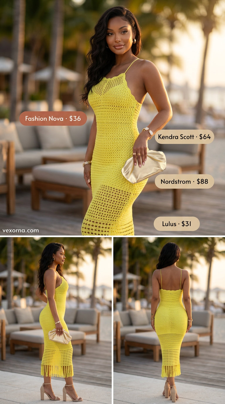 Golden yellow crochet knit midi dress with sheath silhouette and gold accessories for summer crochet cover up outfits for women 2026.