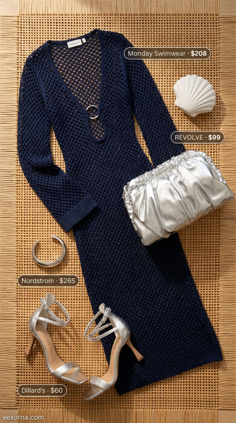 Navy blue long-sleeve crochet midi dress cover-up with silver accessories for summer crochet cover up outfits for women 2026.