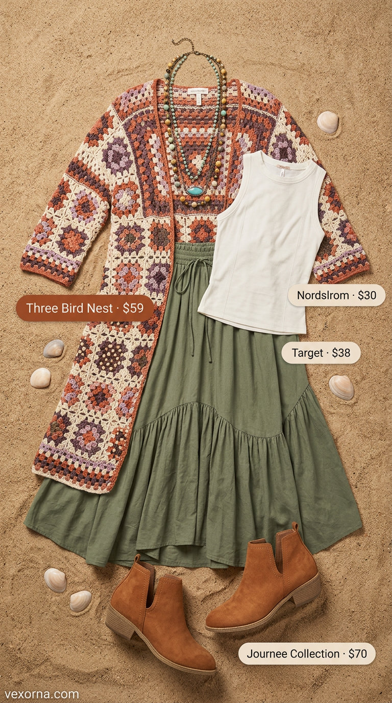 Terracotta crochet duster cover-up with bell sleeves, tiered maxi skirt, and suede fringe bag for summer crochet cover up outfits for women 2026.