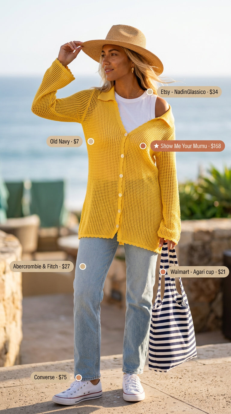 Sunny yellow crochet button-up cover-up with white tee, light wash jeans, and canvas tote for summer crochet cover up outfits for women 2026.