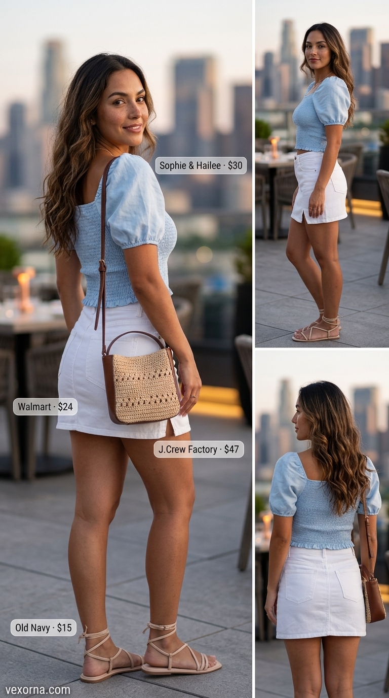 Playful sky blue smocked crop top, white denim mini skirt, and pearl studs for summer date outfits 2026.