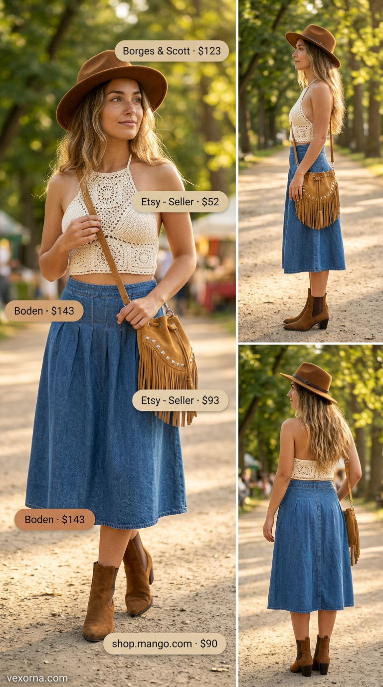 Boho summer festival denim skirt outfit 2026 with crochet top, wide brim hat, and fringed suede bag.