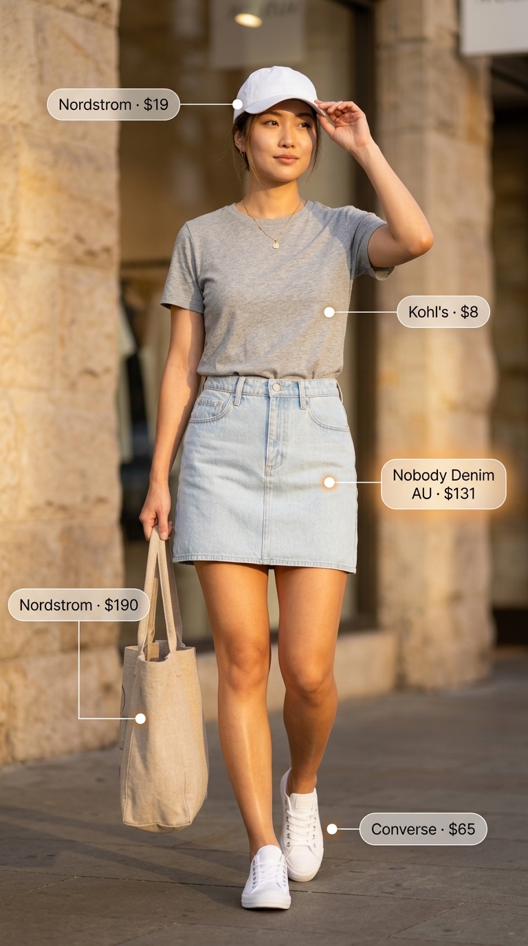 Casual Comfort Summer Denim Skirt 2026 outfit with t-shirt and sneakers for everyday wear.