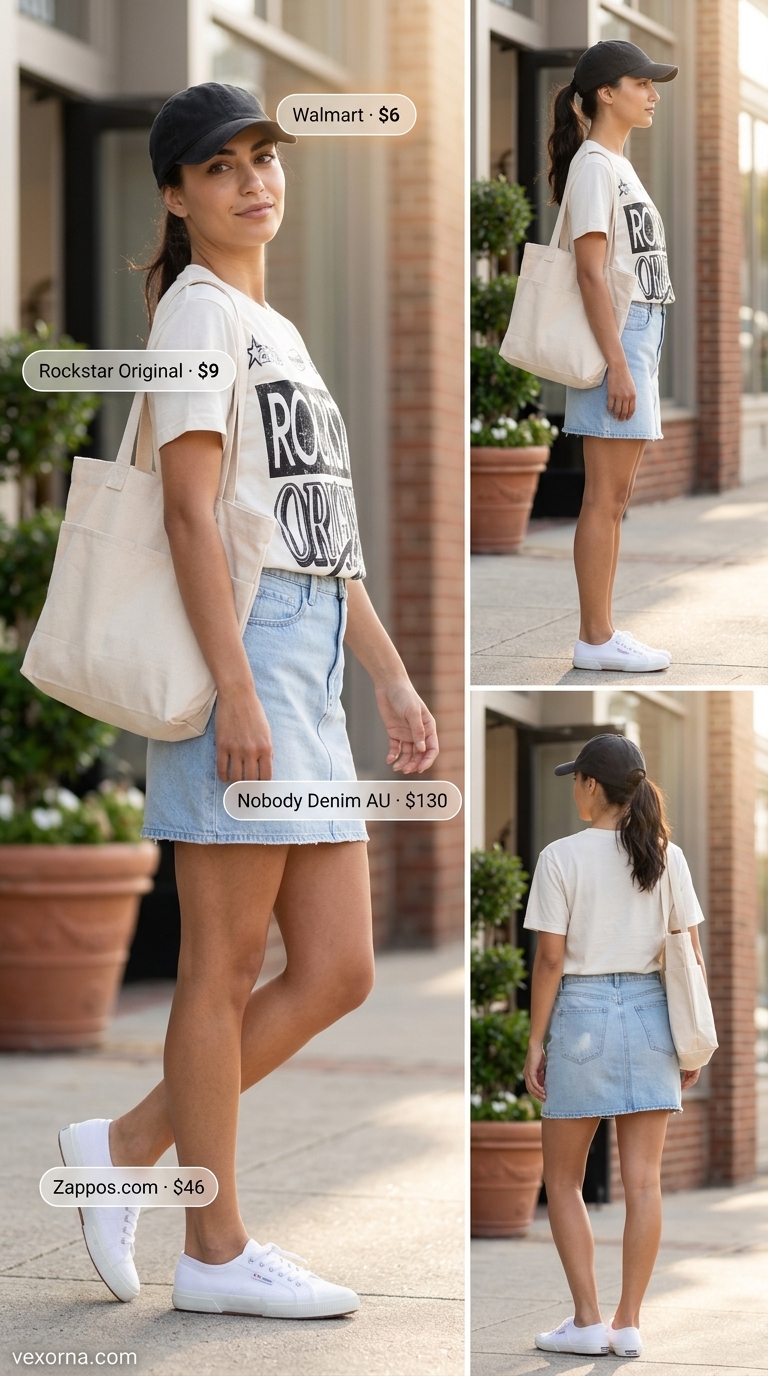 Effortless casual denim skirt outfit 2026 with graphic tee, canvas tote, and sneakers.