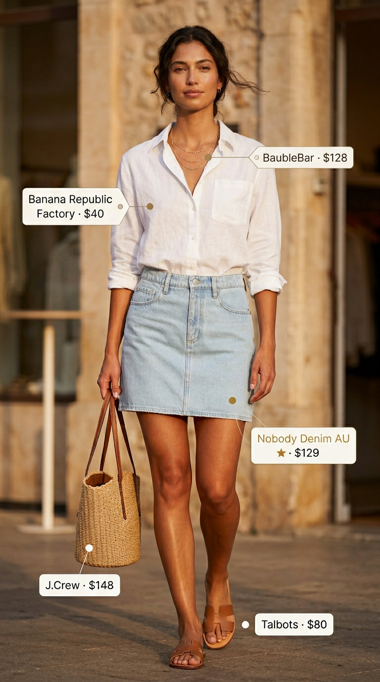 Coastal Breeze Summer Denim Skirt 2026 outfit with linen shirt and straw tote for casual days.