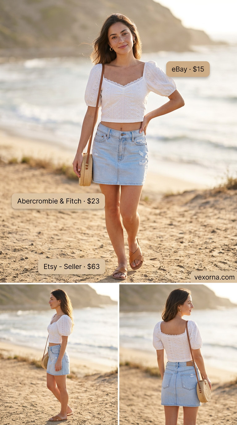 Relaxed coastal denim skirt outfit 2026 with eyelet blouse, straw bag, and leather slides.