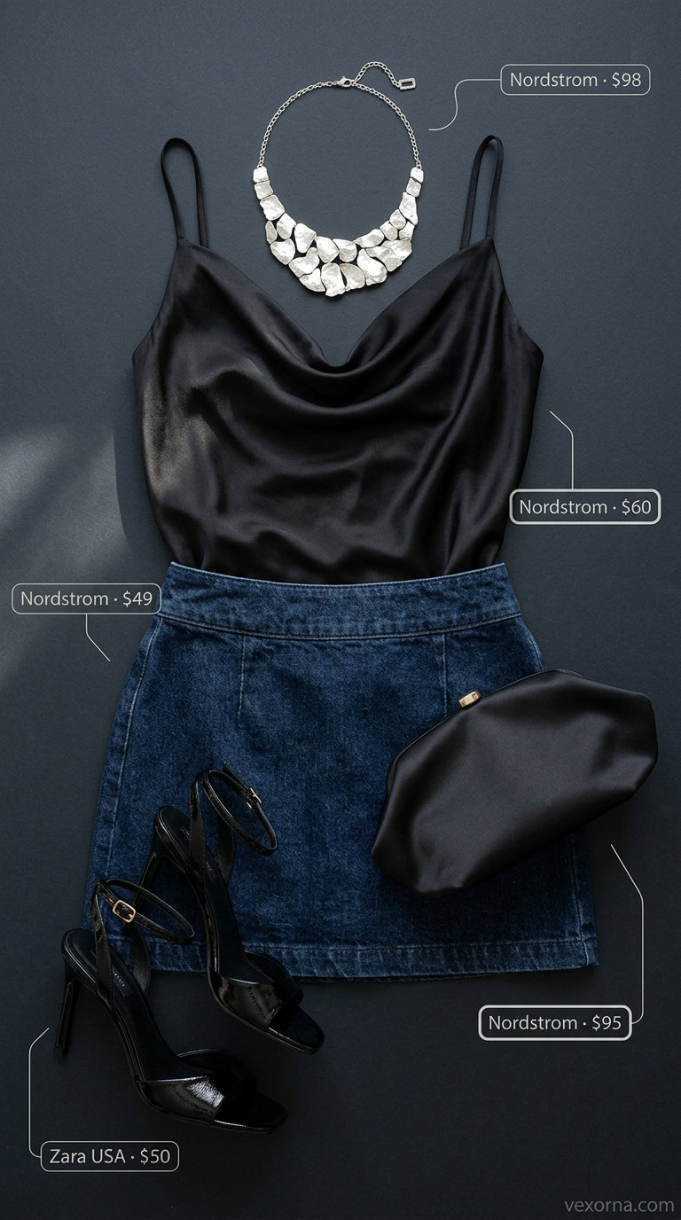 Glamorous date night denim skirt outfit 2026 with black satin camisole, silver necklace, and heeled sandals.