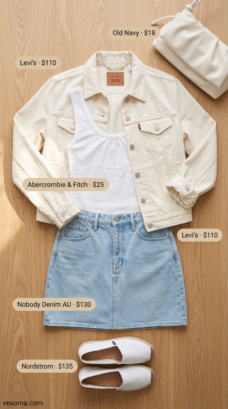 Trendy denim on denim skirt outfit 2026 with white tank, denim jacket, and espadrilles.