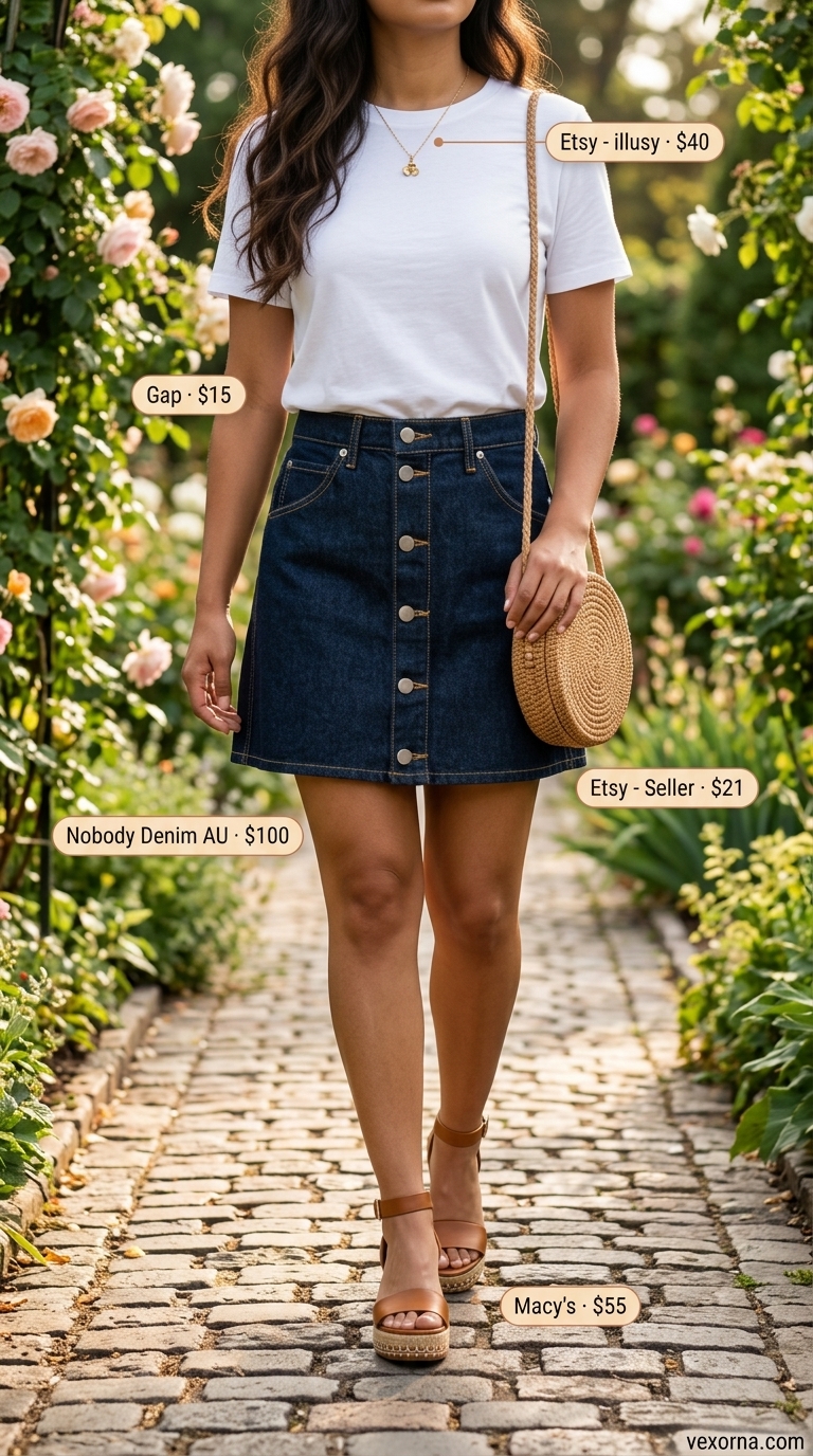 Garden Party Summer Denim Skirt 2026 outfit with t-shirt and espadrilles for casual daytime events.