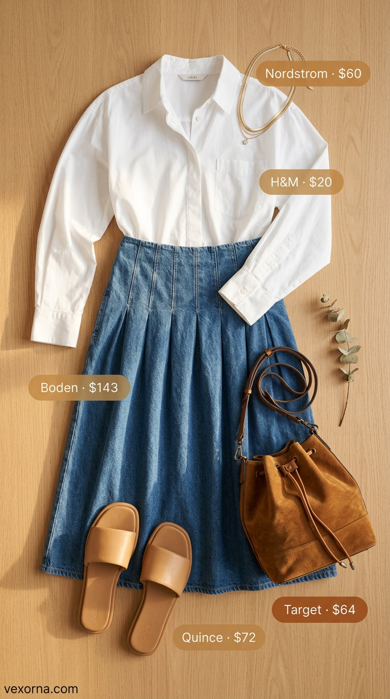 Golden Hour Summer Denim Skirt 2026 outfit with mustard shirt and tan accessories for casual evenings.